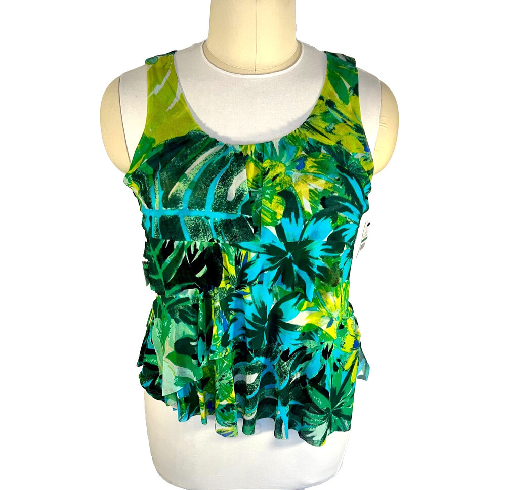 Chaus Women's L Tank Blouse Ruffle Front Lime Blosson Stretch NWT Sleeveless